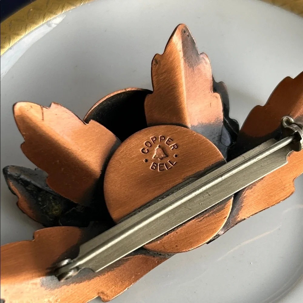 Vintage Copper Bell Brooch Folded Leaf Lilly Pad